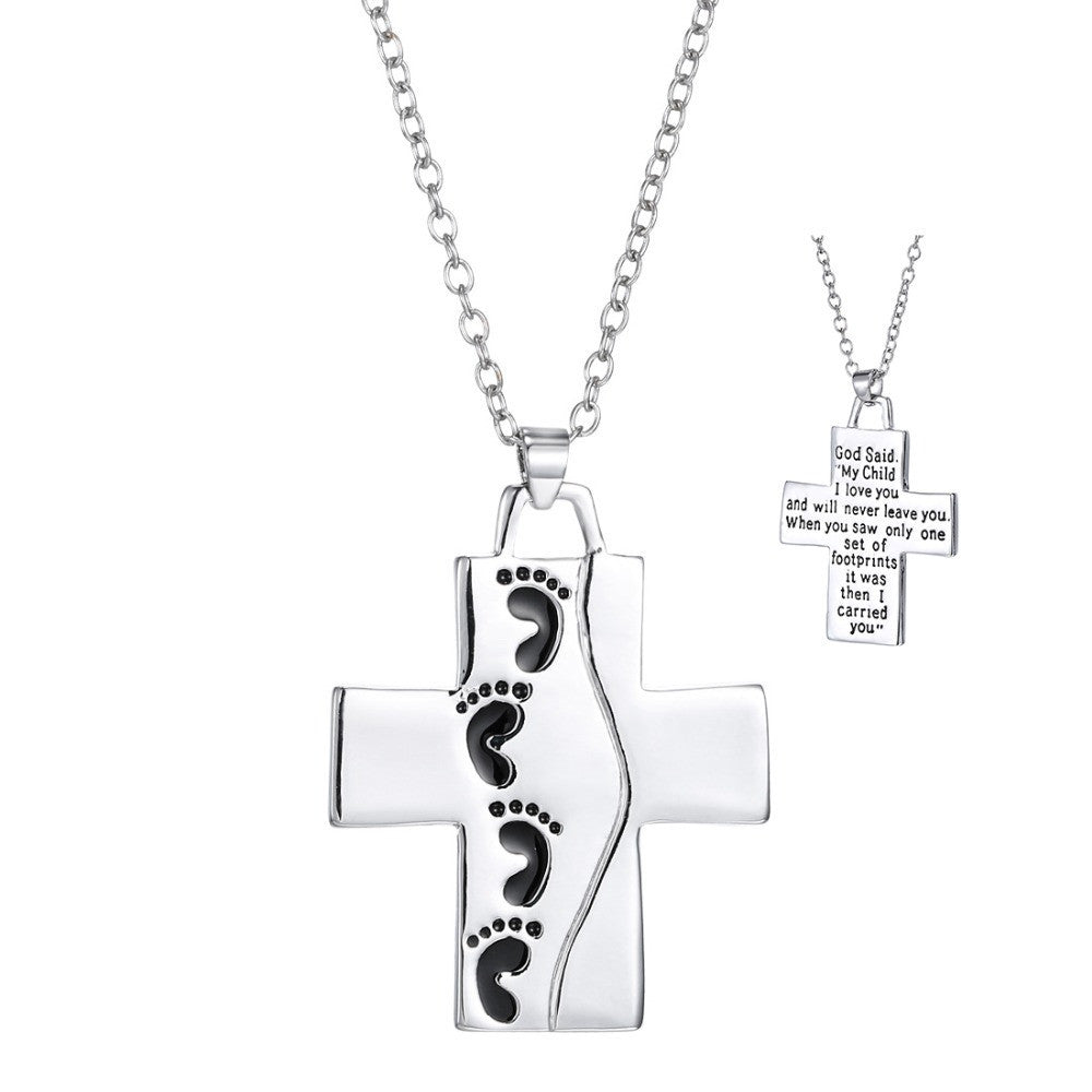 God Said On Back Footprints Cross Pendant Necklace Cool Silver Plated Prayer Cross Necklace Christian Jewelry For Women Men Kids