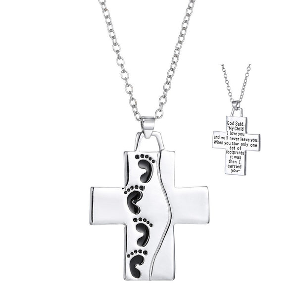 God Said On Back Footprints Cross Pendant Necklace Cool Silver Plated Prayer Cross Necklace Christian Jewelry For Women Men Kids