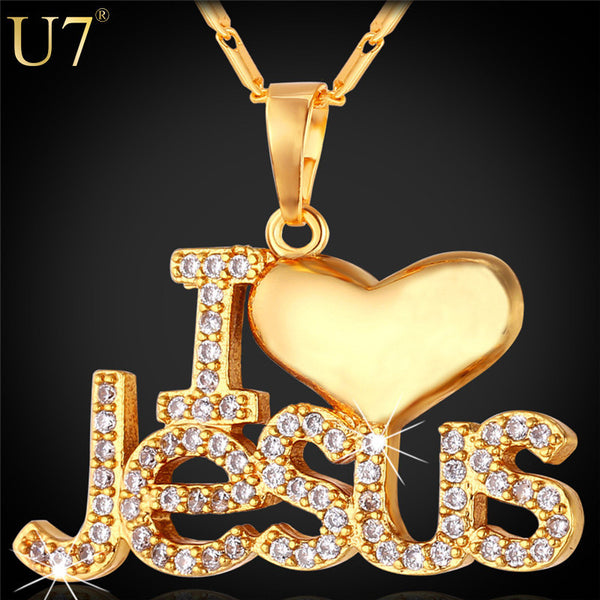 U7 Jesus Piece Heart Necklace Women /Men Jewelry 18K Gold Plated/Platinum Christian Jewelry "I Love Jesus" Necklace Pendant P610