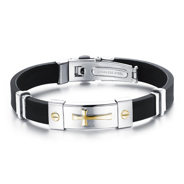 New Black Silicone Bracelet Jesus Cross Wristband Men Jewelry Stainless Steel Mens Punk Bracelets & Bangles Leather Pulseira