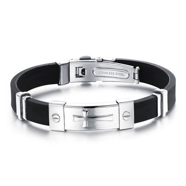 New Black Silicone Bracelet Jesus Cross Wristband Men Jewelry Stainless Steel Mens Punk Bracelets & Bangles Leather Pulseira