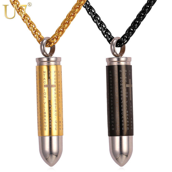 U7 New Stainless Steel Bullet Pendant Men Necklace Two Use Wholesale Trendy Gold Cross Bible Christian Necklace Men Jewelry P814