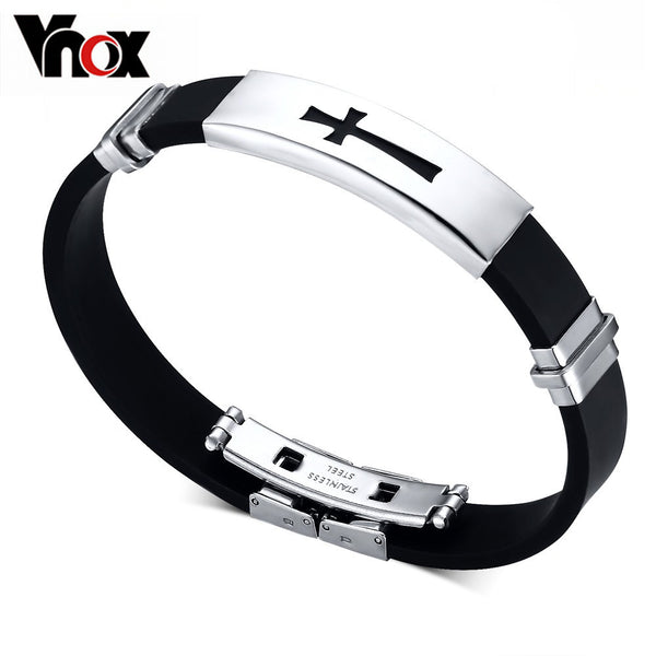 Silver Plated Silicone Bracelet Bangle Stainless Steel Buckle ID Tag Cross Men Jewelry Religious Jesus