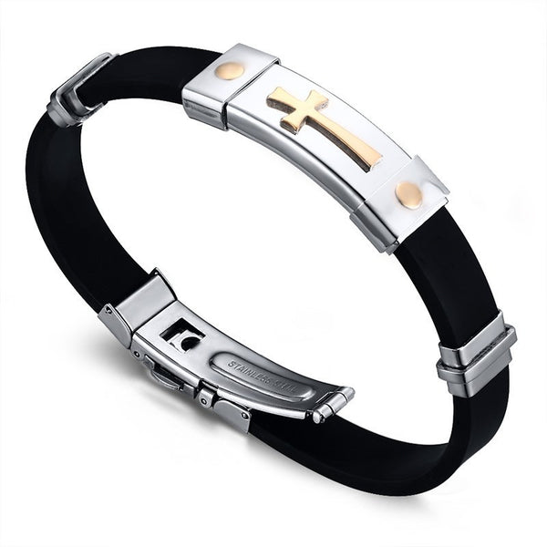 Silver Plated Silicone Bracelet Bangle Stainless Steel Buckle ID Tag Cross Men Jewelry Religious Jesus