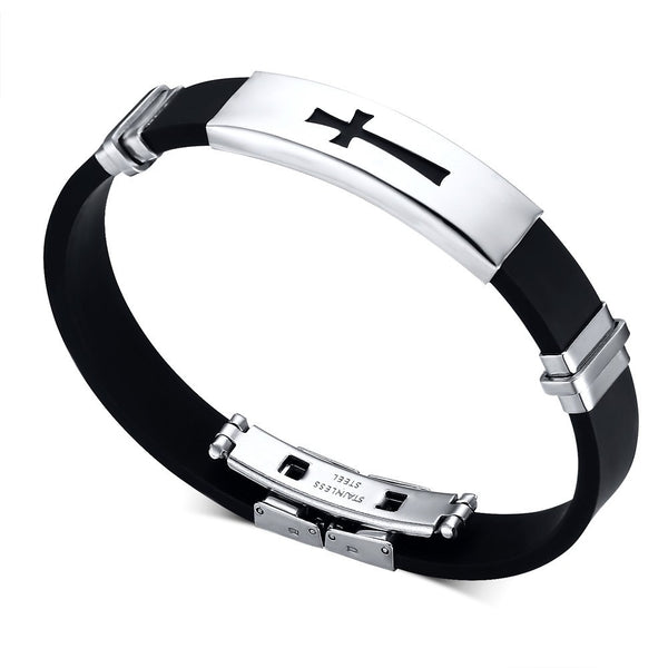 Silver Plated Silicone Bracelet Bangle Stainless Steel Buckle ID Tag Cross Men Jewelry Religious Jesus