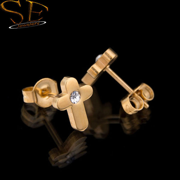 2016 vintage gold plated crystal cross earrings Prayer jesus Letter bible small stud Earring for women girl gift pendientes