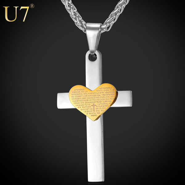 U7 Stainless Steel Cross Male Necklace Classic With Heart Jesus Scriptures Necklaces & Pendants Religious Christian Jewelry P760