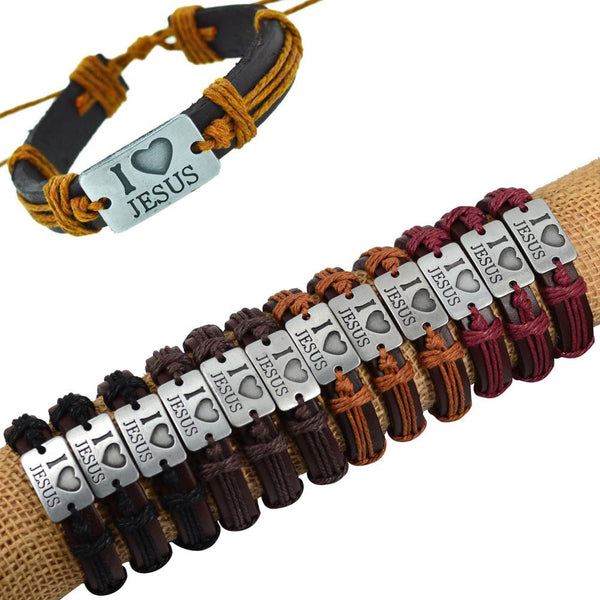 Fashion  12PCS i love JESUS Genuine Leather Bracelet Antique Silver Pendant Rope Chain Wrap Bracelet