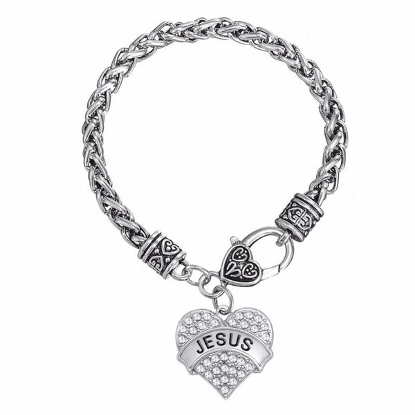 Christian jewelry Jesus heart charm bracelet zinc alloy rhodium plated pave crystals