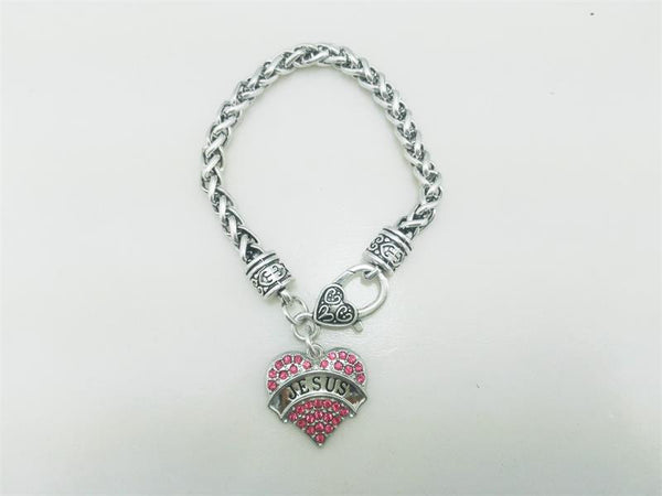 Christian jewelry Jesus heart charm bracelet zinc alloy rhodium plated pave crystals