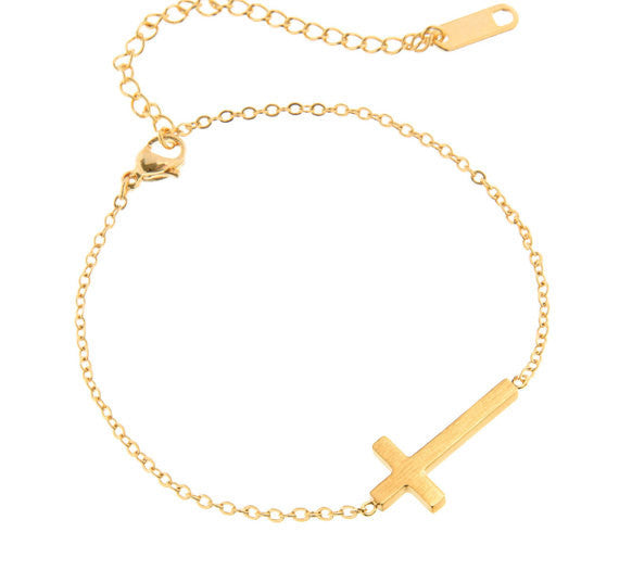 B008 Fashion Sideways Cross Bracelet Stainless Steel Faith Christian Cross Bracelet Simple Tiny Small Horizontal Cross Bracelets