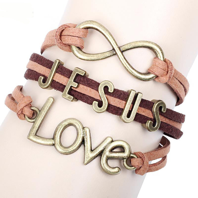 Infinity Charm Bracelets JESUS LOVE  Bracelets Multi Layer Braided Leather Handmade Combination Pattern Colorful Charm Bracelets