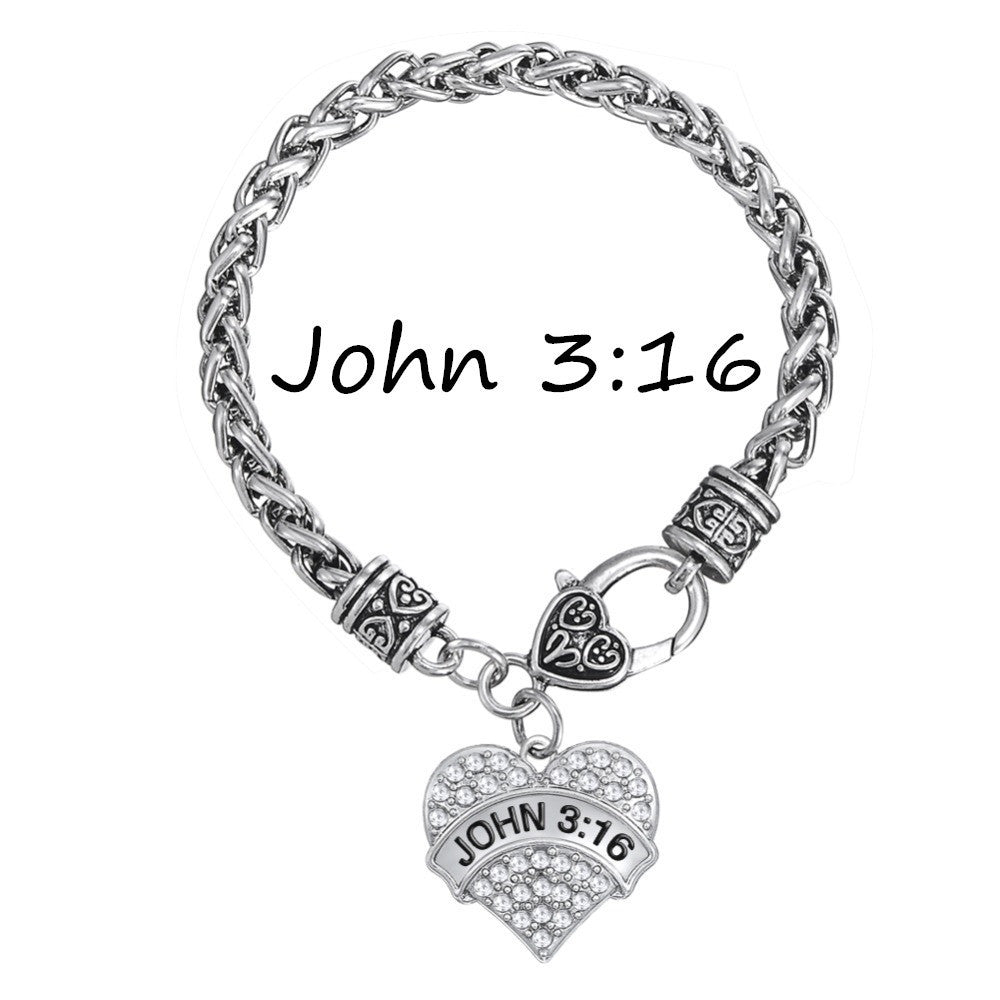 5pcs Classic Style John 3:16 Crystal Heart Charm Christian Bible Verse Bracelet Women Religious Jewelry