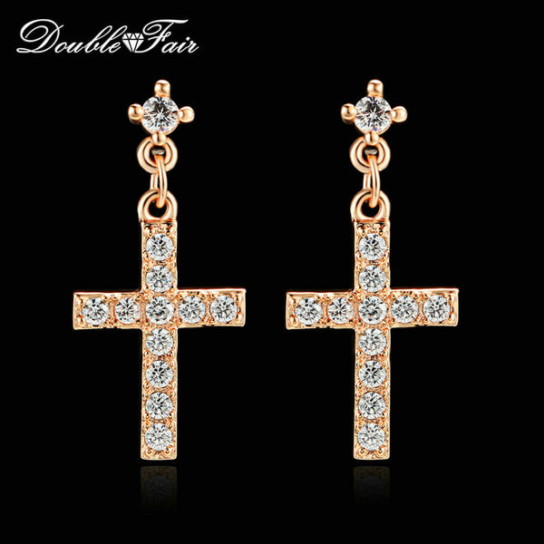 Cross CZ Diamond Drop/Dangle Earrings Wholesale 18K Rose Gold Plated/Silver Tone Fashion Wedding Jewelry For Women DFE328