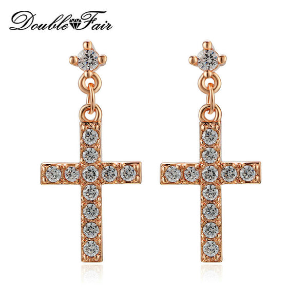 Cross CZ Diamond Drop/Dangle Earrings Wholesale 18K Rose Gold Plated/Silver Tone Fashion Wedding Jewelry For Women DFE328