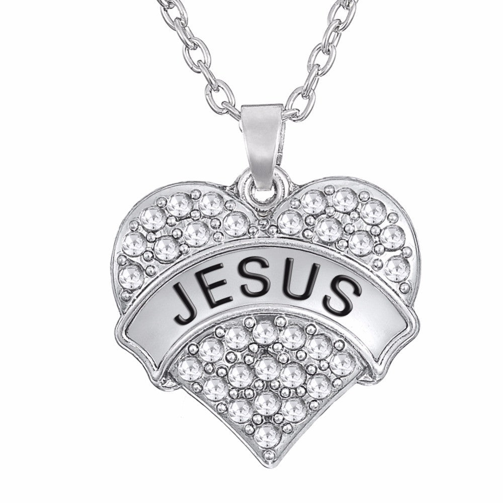 Classic full clear crystals JESUS heart christian necklace