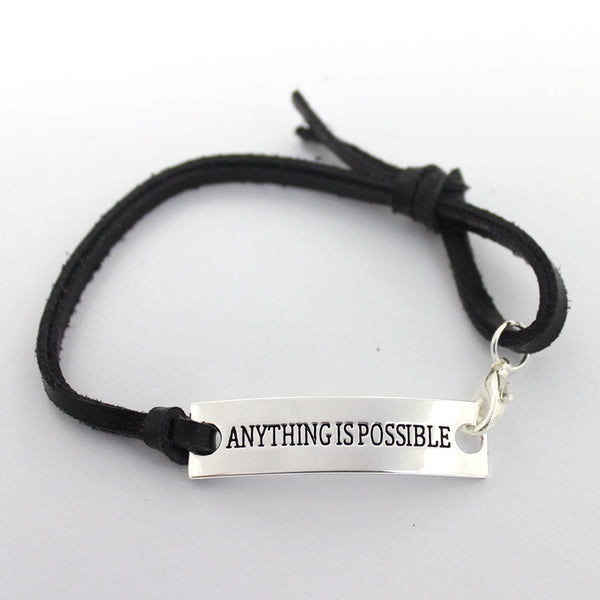 17CM inspiration quote "anything is possible" silver bracelet with black leather strap,10pcs/lot, free shipping