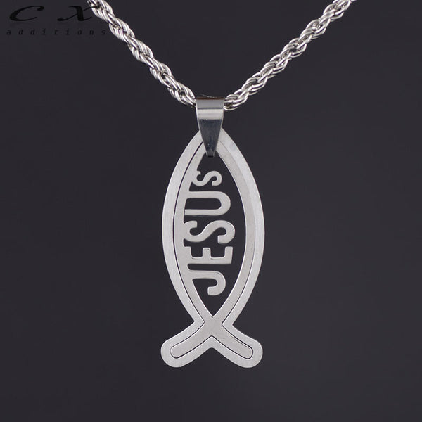 2016 nice Fashion 316L Stainless Steel JESUS Necklace Jewelry  Love fish God charms Pendant Necklace Leather Chian women Jewelry